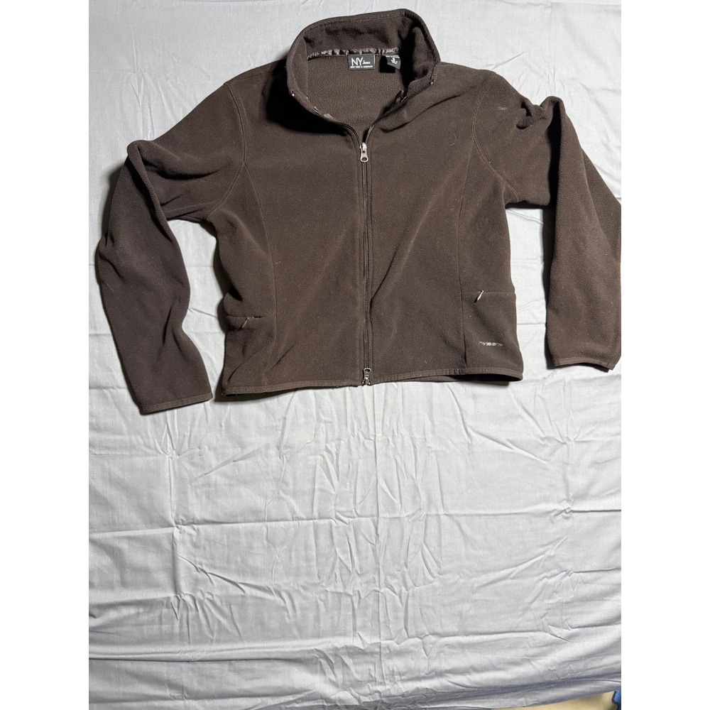 NY Jeans Fleece Jacket Womens Small Brown Good Full Zip Mock Neck Pockets